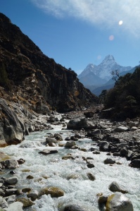 Crossing the Imja Khola with Ama Dablam in view